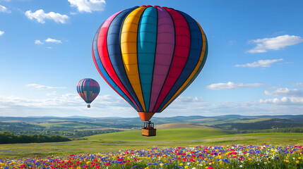 Obraz premium Colorful hot air balloon flying over a field of flowers.