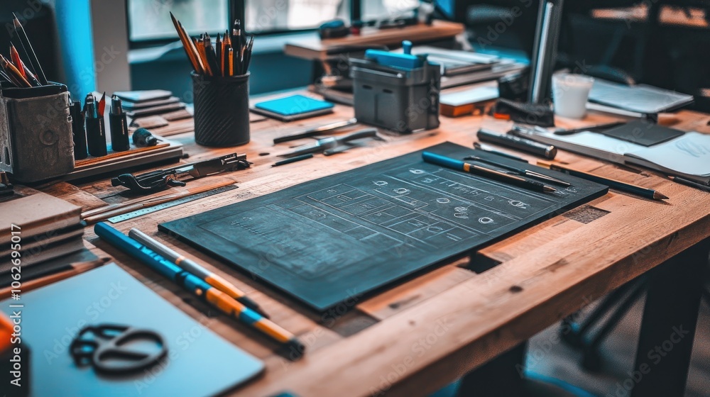 Poster creative workspace with tools and sketchbook on table