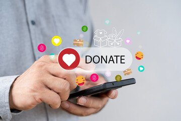 Online donation, Volunteer and Charity Concept. man touching the virtual screen with slide to Making Donate via Internet.