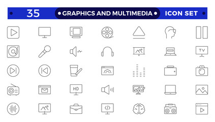 Graphics and Multimedia icon set. Cinema icon set. Set of cinema, movie, video icons, collection film, TV. Popcorn box package Big movie reel. Graphic design, creative package, stationary, software.