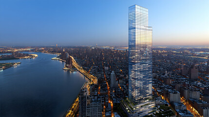 Modern skyscraper at twilight with a city and river in the background.