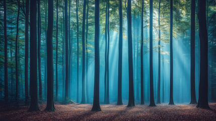 Naklejka premium Sun rays breaking through the misty forest.