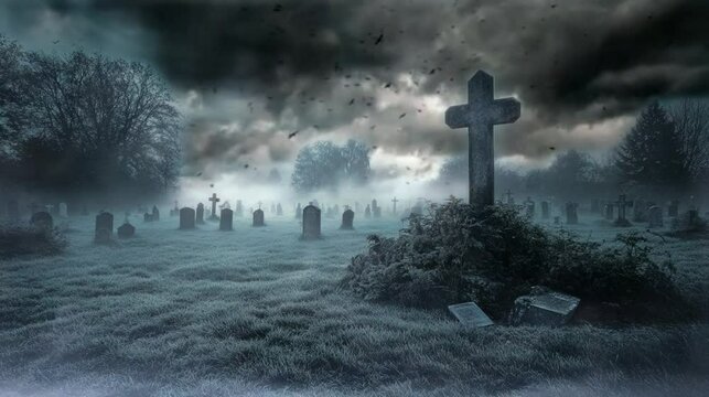 A fog-covered graveyard on Halloween night. seamless looping time-lapse virtual 4k video animation background