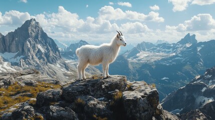 A lone white mountain goat stands on a rocky outcrop, overlooking a vast, snow-capped mountain range.
