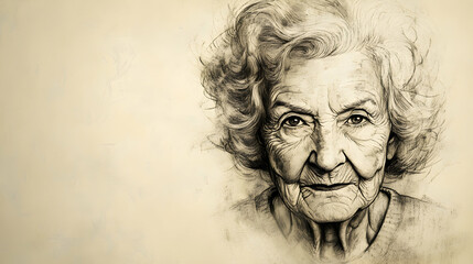 A black and white portrait of an elderly woman with wrinkles and grey hair.