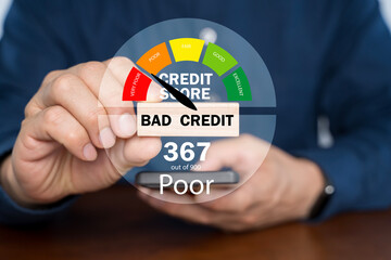 Businessman pressing button on touch screen interface and select credit score.