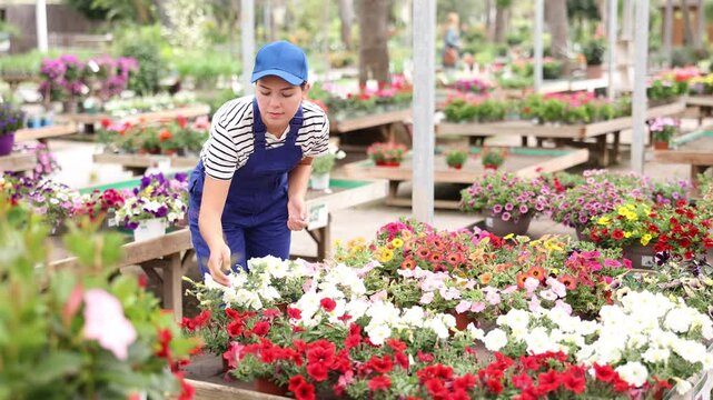 Girl worker is holding large pot with composition of contrasting white and purple ampel petunias Surfinia. Ready-made solution for decorating house territory, flower pot with fragrant flowers for