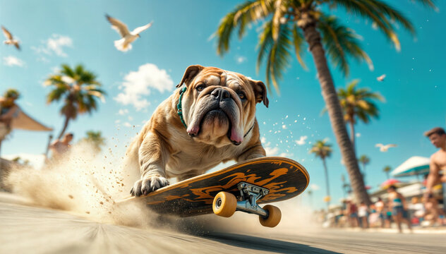 Skateboarding bulldog at California beach