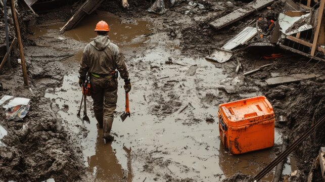 A construction worker in an orange hard hat walks through mud at a construction site.