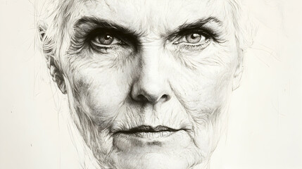 Obraz premium A close-up black and white portrait of an older woman with wrinkles and gray hair. Her piercing gaze and furrowed brow convey a sense of strength and wisdom.