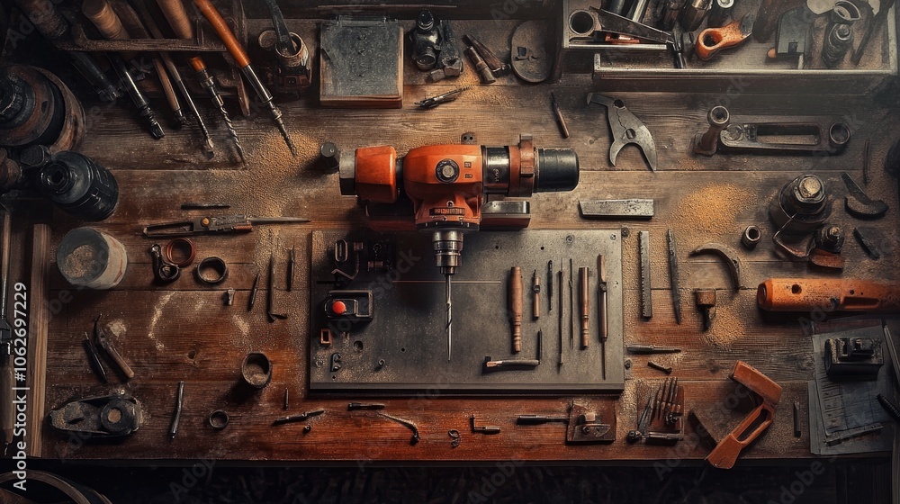 Poster tool workspace with drill and hand tools overview