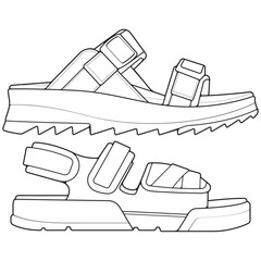 set of outline strap sandals. strap sandals outline drawing vector, strap sandals drawn in a sketch style, strap sandals trainers template outline.