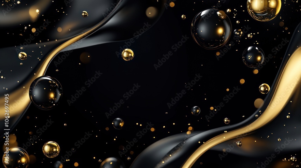 Wall mural abstract black and gold background with floating bubbles and wavy lines.
