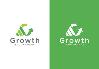 business growth logo with initial G and bar graph with upward arrow into one in the logo