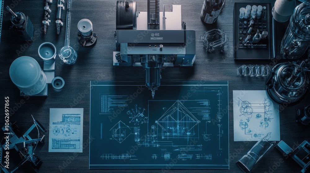 Poster high-tech workshop with blueprints and tools