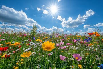 Beautiful summer fields with blooming poppies and green grass, calm atmosphere, sunny day