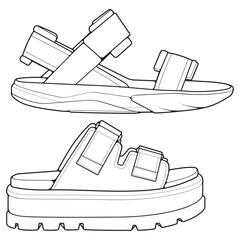 set of outline strap sandals. strap sandals outline drawing vector, strap sandals drawn in a sketch style, strap sandals trainers template outline.