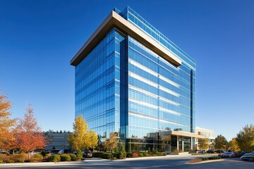 A tall, contemporary office tower with a glass facade, reflecting the surrounding city.