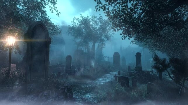 A fog-covered graveyard on Halloween night. seamless looping time-lapse virtual 4k video animation background