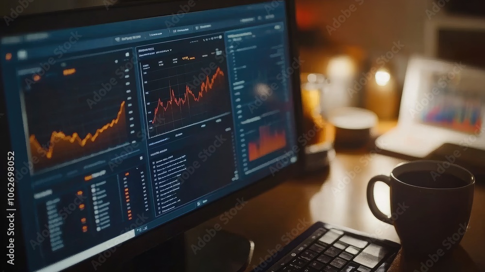 Poster nighttime workspace with financial data display