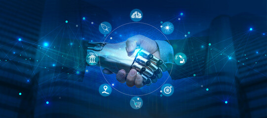 Handshake of robot and human, AI, Machine learning, AI adoption for working to Assistant of business