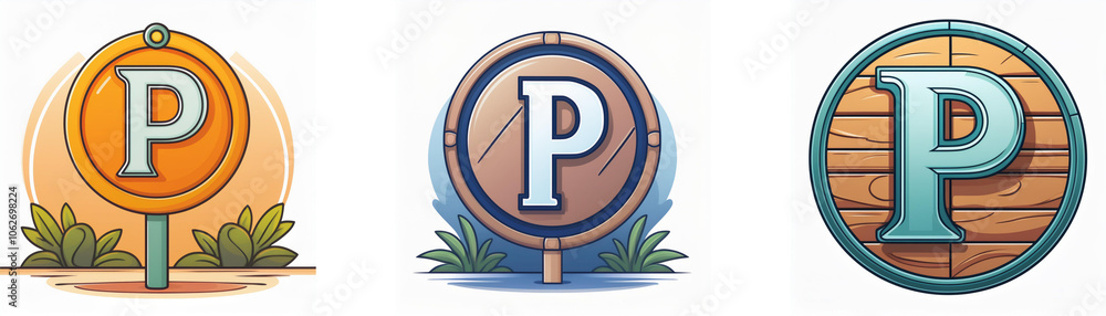 Aufkleber Three circular signs with a stylized letter P on them are shown. Each sign has a different background and border.