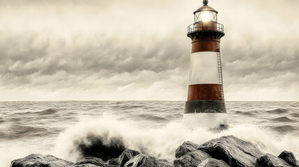 A lighthouse stands tall amidst a stormy sea, its beacon of hope shining brightly.