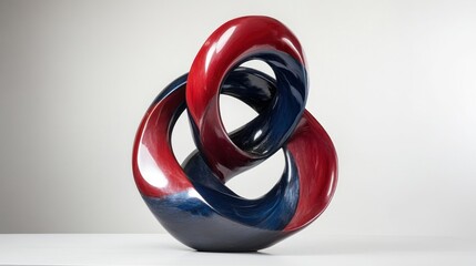Abstract sculpture of two intertwined rings in red and blue.
