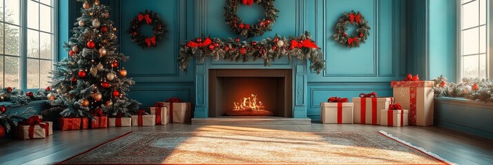 Festive Family Holiday Corner, vibrant decorations, cozy atmosphere, empty gift boxes, anticipation of joyful celebration