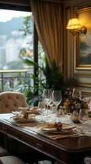 Elegant family dining space, adorned table settings, warm ambiance, inviting atmosphere for shared meals, harmonious design elements