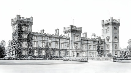 A majestic castle with ivy-covered walls and towering spires, set against a serene backdrop.