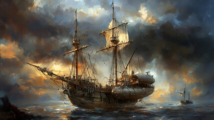 Obraz premium A majestic sailing ship with billowing sails navigates through stormy seas towards a distant horizon, bathed in the golden light of a dramatic sunset.