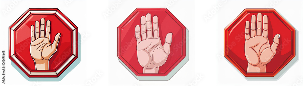 Aufkleber three stop signs with a hand in the middle, each with a slightly different skin tone.
