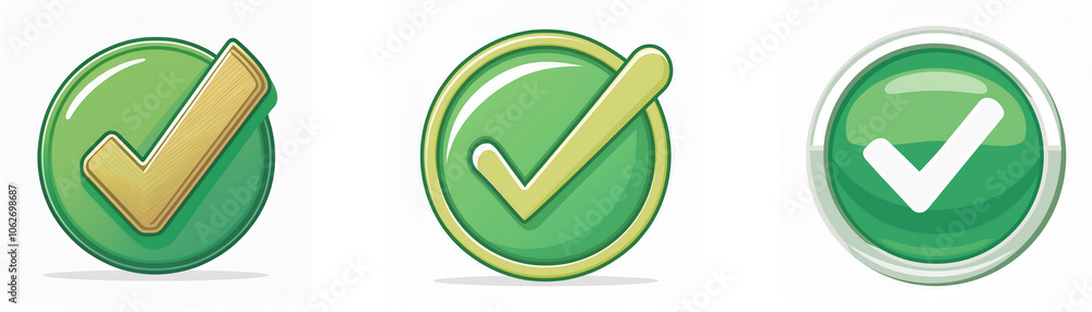 Aufkleber Three green checkmarks in circles, one with a gold checkmark, another with a green checkmark and the last with a white checkmark.