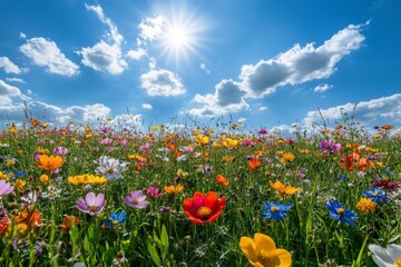 Fototapeta premium Beautiful summer fields with blooming poppies and green grass, calm atmosphere, sunny day