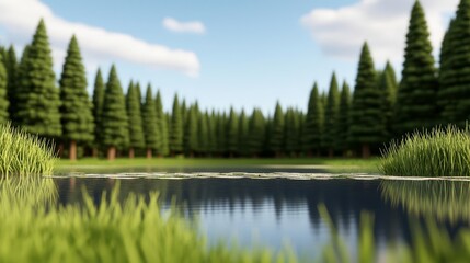 Obraz premium Crystal-clear pond reflecting tall trees and blue sky, nestled deep in a dense forest, with delicate water lilies on the surface, showcasing untouched natural beauty