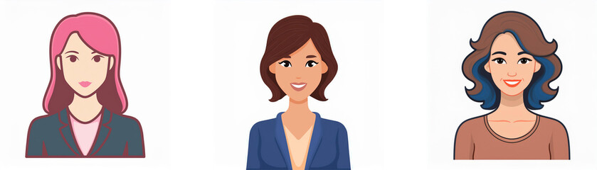 Three cartoon women with different hair colors and clothing.