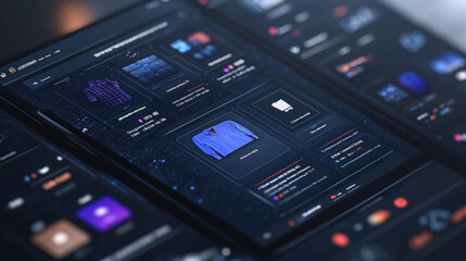 Fototapeta premium close up view of digital e commerce marketplace interface showcasing clothing items, including blue shirt and various product options. design features modern layout with vibrant colors and