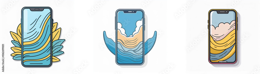 Aufkleber three cartoon illustrations of smartphones with different colored backgrounds and surrounding design