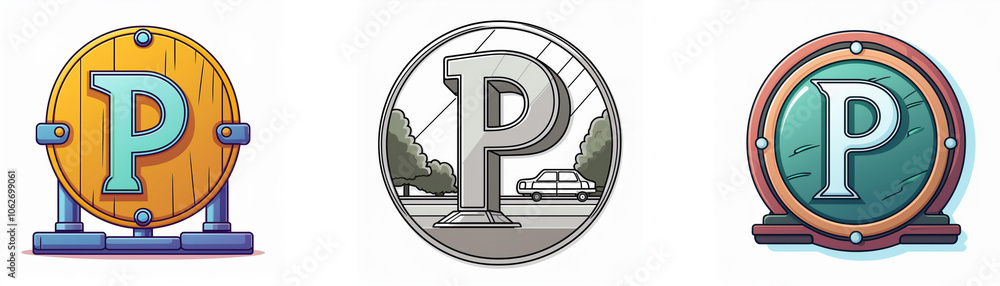 Aufkleber three circular badges each featuring a stylized letter p in different styles and colors.