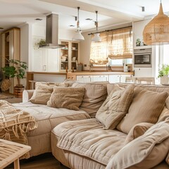 A cozy living room with a beige sectional sofa, plush pillows, and a wooden coffee table.