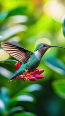 Fototapeta premium A vibrant hummingbird, its wings moving in a rapid blur, hovering in mid-air as it drinks nectar from a bright red flower