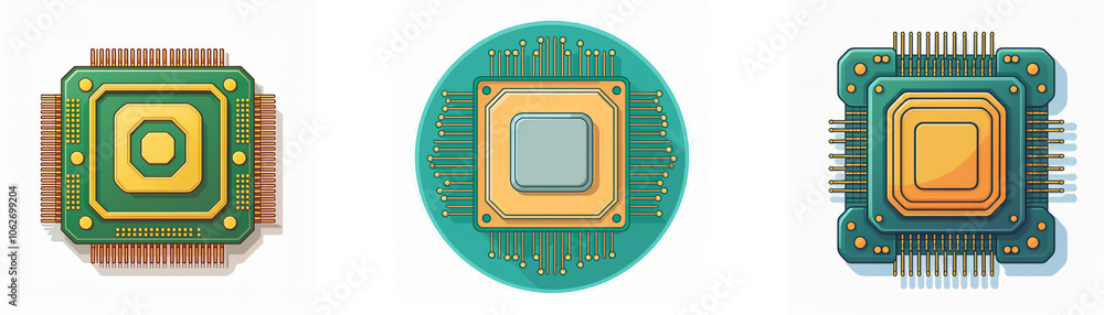 Poster three computer microchips with pins, one in a circular frame.