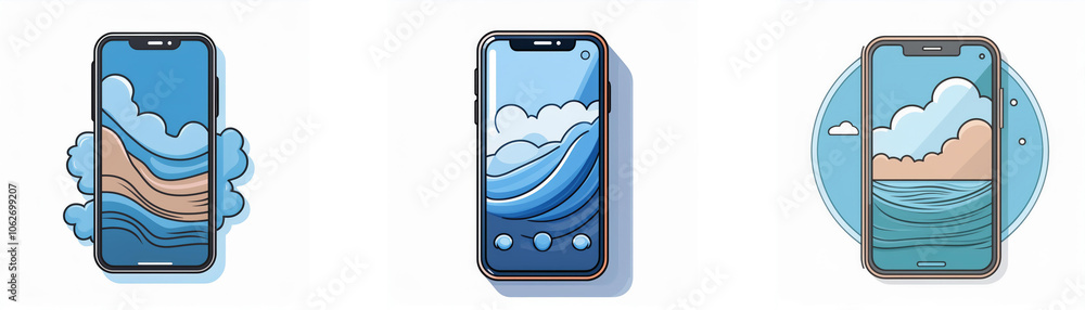 Aufkleber three smartphones with different styles of ocean and sky backgrounds.