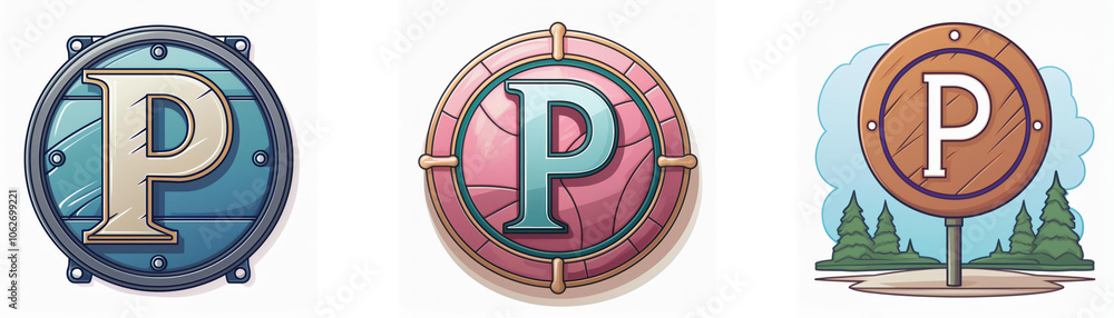 Poster Three circular badges with the letter 