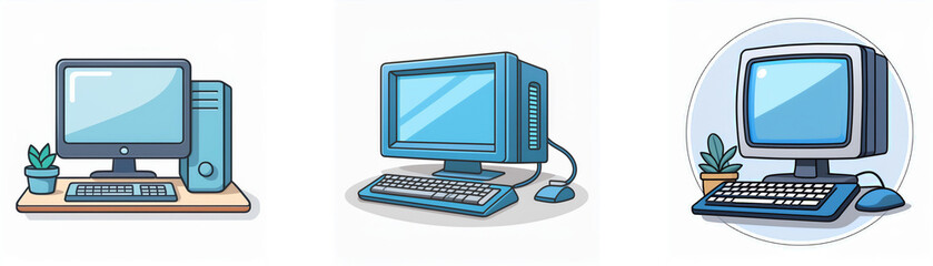 Fototapeta premium Three cartoon depictions of desktop computers, each with a monitor, keyboard, and mouse.
