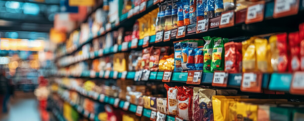 Fototapeta premium vibrant display of diverse snacks and products in grocery store aisle, showcasing colorful packaging and organized shelves