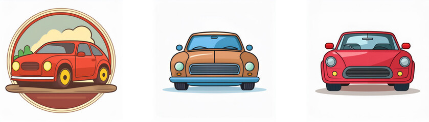 Three cartoon cars with a landscape background around one of them.