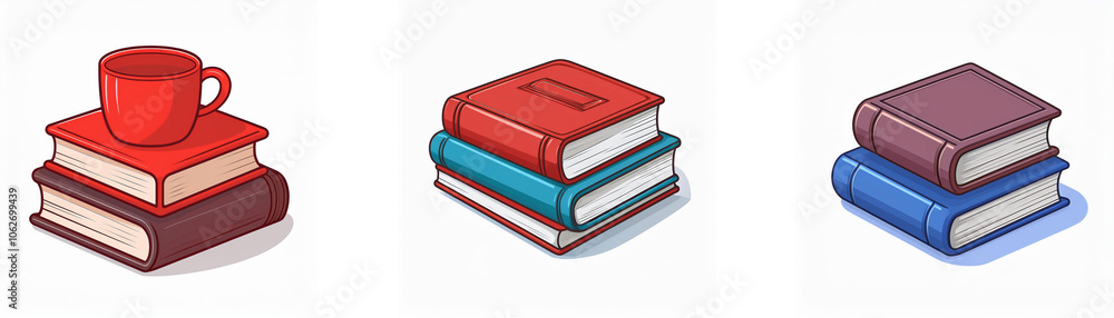 Poster three stacks of books with different colors and a red cup on top of the first stack.