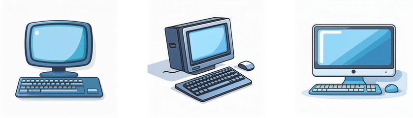 Three cartoon desktop computers in different styles on white background